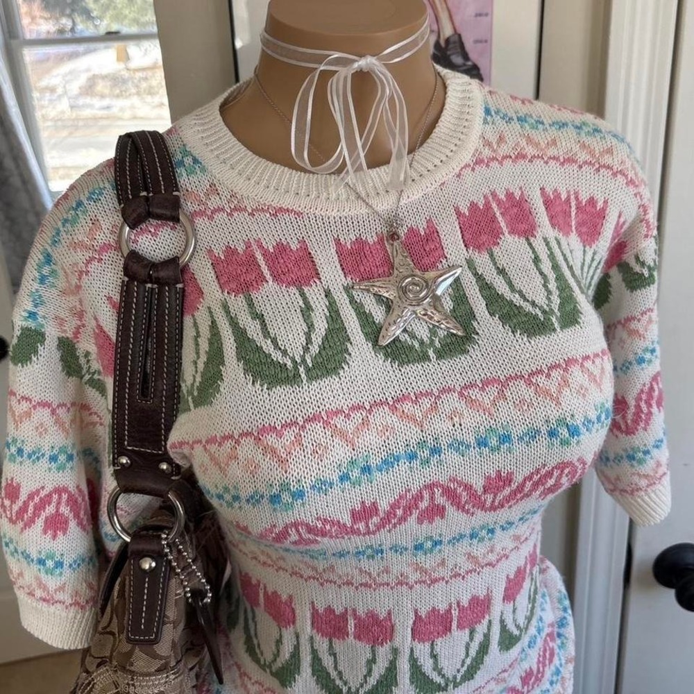 Y2K 2000s floral Tulip Fair Isle Knit Sweater - Picture 2 of 6